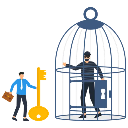 Thief stuck in cage  Illustration