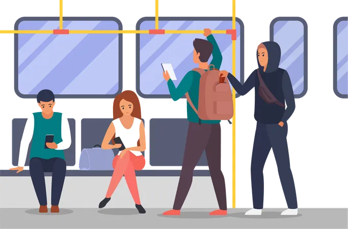Wallet Theft On Public Transport Vector Illustration Cartoon Passengers Travel In Subway Train Car Or Bus Interior People Sitting On Seats Or Standing Guy Thief Taking Purse Out Of Mans Backpack Illustration