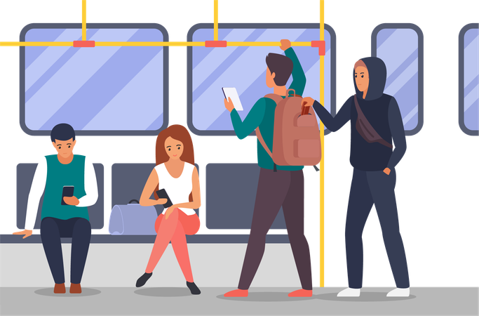 Thief taking purse out of passengers backpack on public transport  일러스트레이션