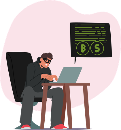 Thief Wearing Mask While Hacking On Laptop  Illustration