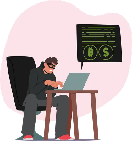 Thief Wearing Mask While Hacking On Laptop  Illustration