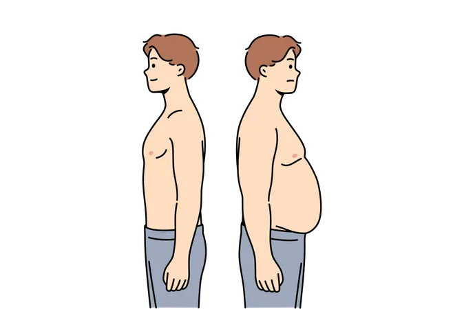 Thin and fat men stand side by side demonstrating changes in figures after eating fast food  Illustration