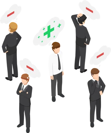 Flat 3 D Isometric Positive Thinking Businessman In The Crowd Of Negative Thinking People Think Positive Concept Illustration