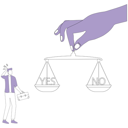 Thinking businessman next to scales on which yes and no  Illustration