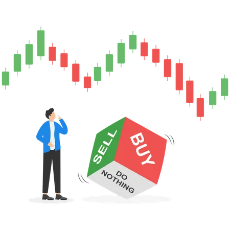 Thinking Businessman On Graph Rolling Dice With Buy Or Sell Crypto Currency Investment Decision In Volatile Stock Market Flat Vector Illustration Illustration