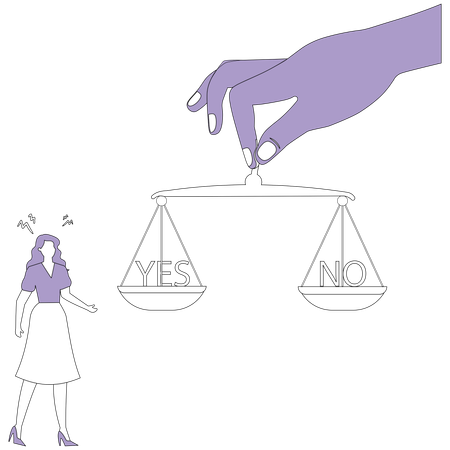 Thinking businesswoman next to scales on which yes and no  Illustration