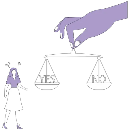 Thinking businesswoman next to scales on which yes and no  Illustration
