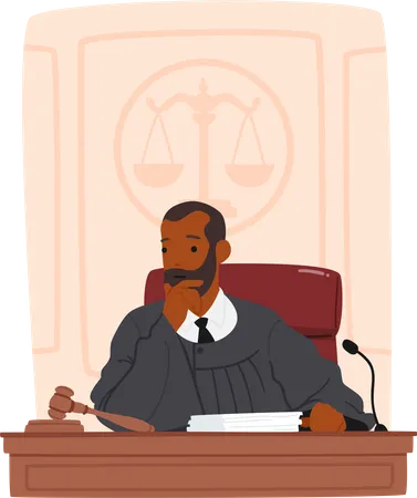 Thinking Judge Male Character Sitting At Desk Contemplating In A Court Setting Considering Evidence And Making Decisions Uphold The Integrity Of The Legal System Cartoon People Vector Illustration イラスト