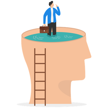 Thinking man climbing to sit on his brain  Illustration