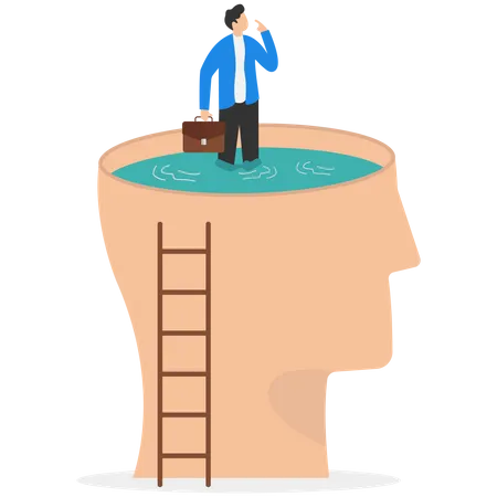 Thinking man climbing to sit on his brain  Illustration
