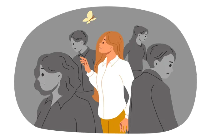 Thinking outside box approach allows business woman to stand out from crowd and see butterfly  Illustration