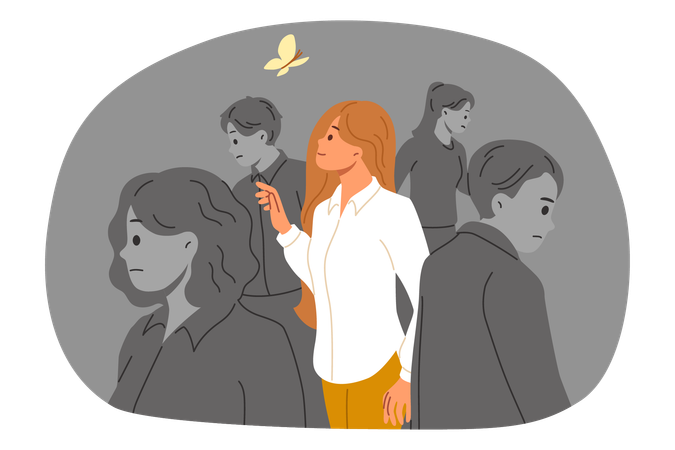 Thinking outside box approach allows business woman to stand out from crowd and see butterfly  Illustration