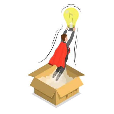 Thinking Outside The Box Isometric Flat Vector Conceptual Illustration The Man In The Red Cloak Flying Out Of The Box With The Lightbulb In His Hands Innovation Inspiration Creativity Best Solution Brainstorm Illustration