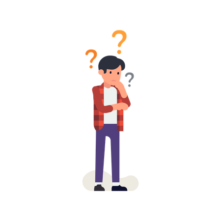 Thinking process with thoughtful young man surrounded by question marks Illustration