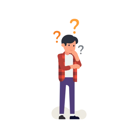 Thinking process with thoughtful young man surrounded by question marks Illustration