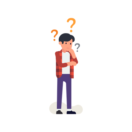 Thinking process with thoughtful young man surrounded by question marks  Illustration