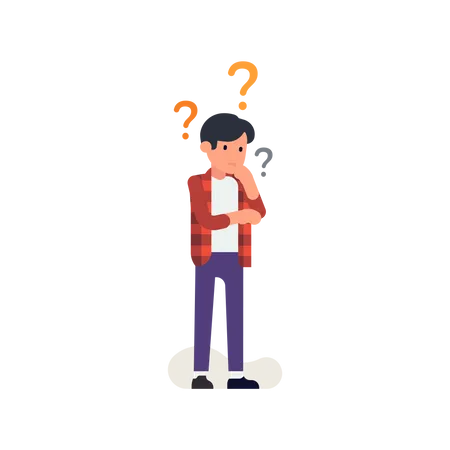 Thinking process with thoughtful young man surrounded by question marks  Illustration