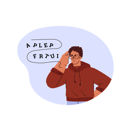 Thinking young man having difficulties in reading  Illustration