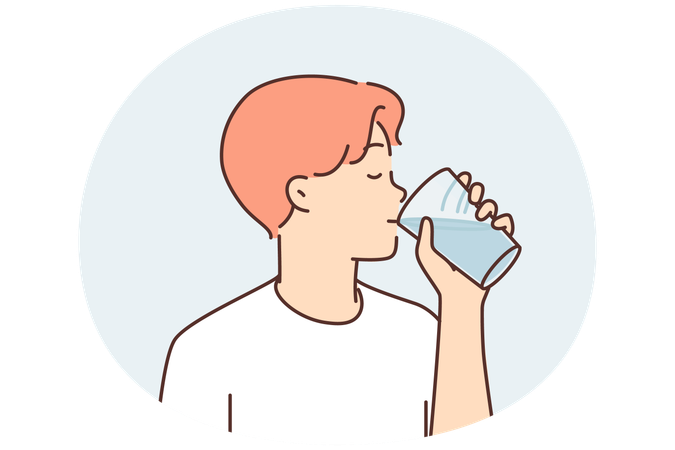 散歩の後にリフレッシュしたいので透明なガラスから水を飲む喉の渇いた男性  イラスト