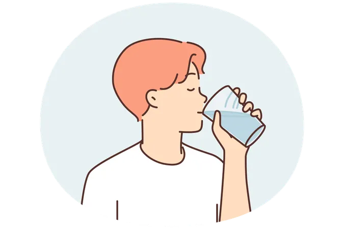 散歩の後にリフレッシュしたいので透明なガラスから水を飲む喉の渇いた男性  イラスト