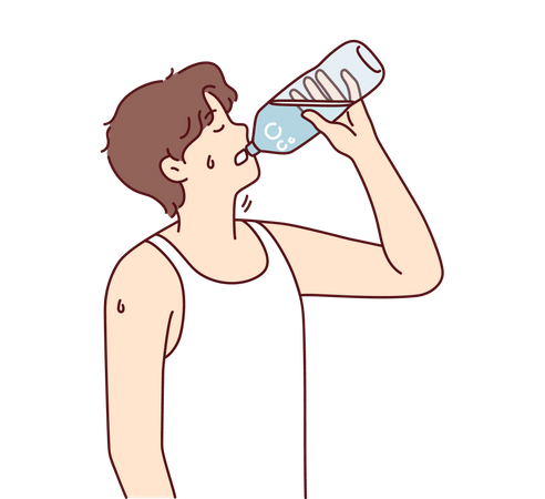Thirsty boy drinking water from water bottle  イラスト