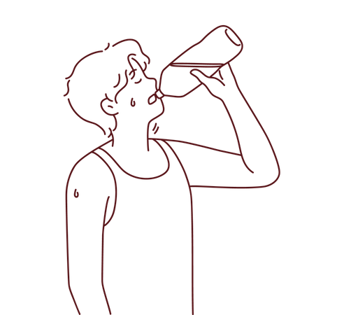 水のボトルから水を飲む喉の渇いた少年  イラスト