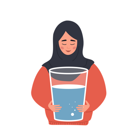 Thirsty Islamic Woman Hold Large Glass Of Clean Water  Illustration