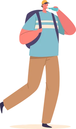 Thirsty Man Character Walk With Backpack And Hydrates With Refreshing Water Replenishing His Bodys Fluid Levels And Quenching His Thirst Cartoon People Vector Illustration 일러스트레이션