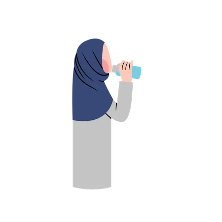 Thirsty woman drinking water from plastic bottle  Illustration