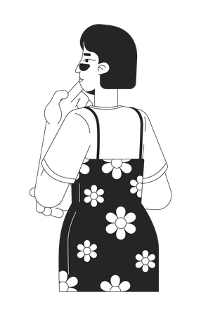 Thoughtful asian woman in floral dress rubbing chin  Illustration