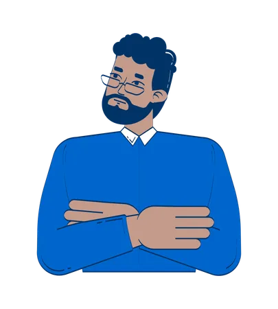 Thoughtful bearded black man in eyeglasses arms crossed  Illustration