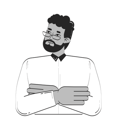 Thoughtful bearded black man in eyeglasses arms crossed  Illustration