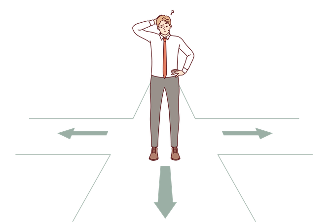 Thoughtful business man makes choice standing at crossroads and accepts difficult decision  Illustration