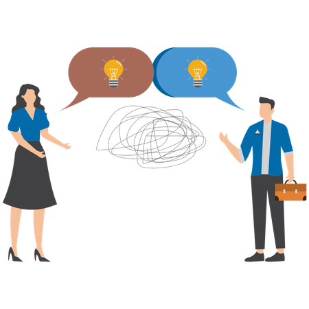 Thoughtful business people brainstorm with identical thinking bubble and lightbulb symbolizing shared ideas for planning success  Illustration
