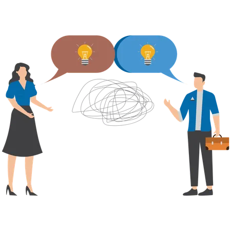 Thoughtful business people brainstorm with identical thinking bubble and lightbulb symbolizing shared ideas for planning success  Illustration