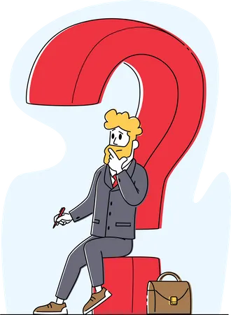 Thoughtful Business Man Sitting On Huge Question Mark With Pen In Hand And Briefcase Male Character Thinking Searching Solution Or Decision For Difficult Answer Concept Linear Vector Illustration Illustration