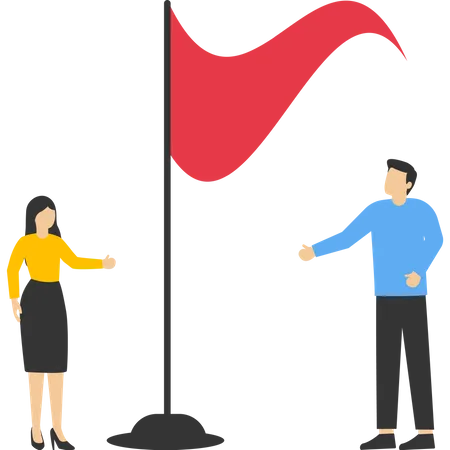 Thoughtful businessman and woman looking for red flag warning  Illustration