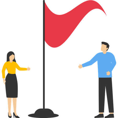 Thoughtful businessman and woman looking for red flag warning  Illustration