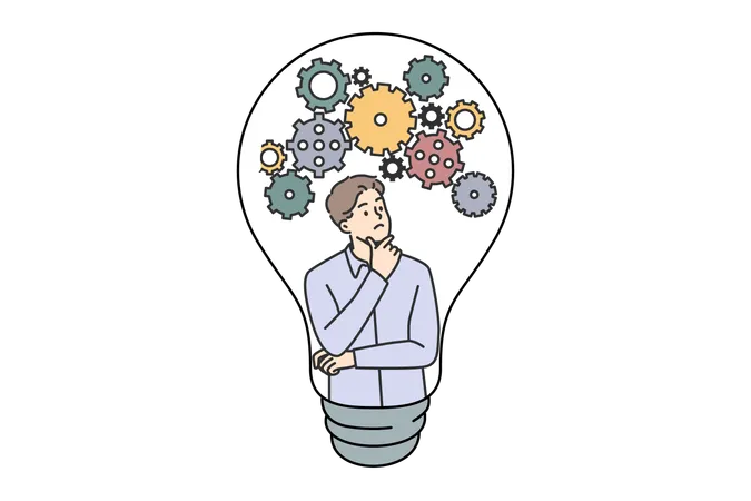 Thoughtful Guy Comes Up With New Idea Scratching Chin And Looking At Gears Inside Light Bulb Smart Guy Developing Idea To Launch Successful Unicorn Startup Or Thesis For University Illustration