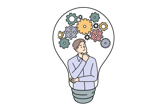 Thoughtful guy comes up with new idea scratching chin and looking at gears inside light bulb  Illustration