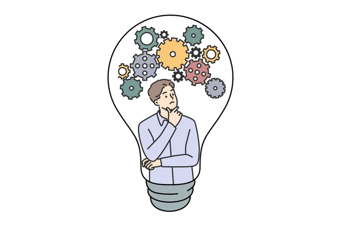 Thoughtful guy comes up with new idea scratching chin and looking at gears inside light bulb  Illustration