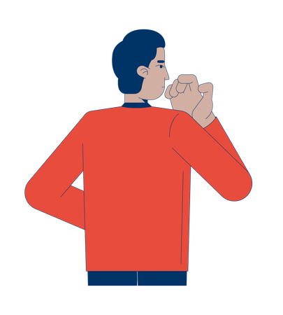 Thoughtful guy raising hand to mouth in reflective pose  Illustration