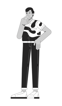 Thoughtful indian man in bold abstract shirt rubbing chin  Illustration