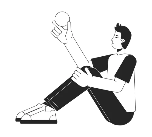 Thoughtful Man Sitting With Ball In Hand Flat Line Black White Vector Character Editable Isolated Outline Full Body Person Simple Cartoon Style Spot Illustration For Web Graphic Design Animation Illustration