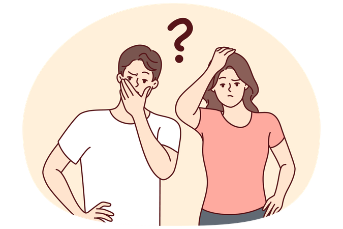 Thoughtful man and woman look forward embarrassedly touch mouth and head  Illustration