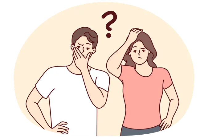 Thoughtful man and woman look forward embarrassedly touch mouth and head  Illustration