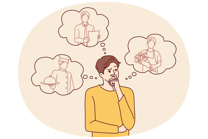 Thoughtful man making choice between professions after graduating from school  Illustration