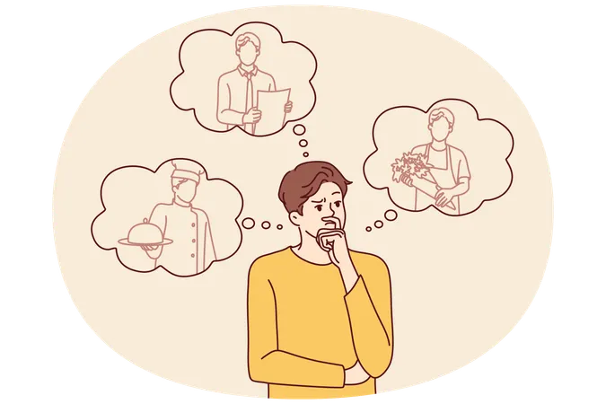 Thoughtful man making choice between professions after graduating from school  Illustration