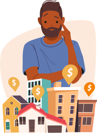 Thoughtful man searching house on real estate market  Illustration