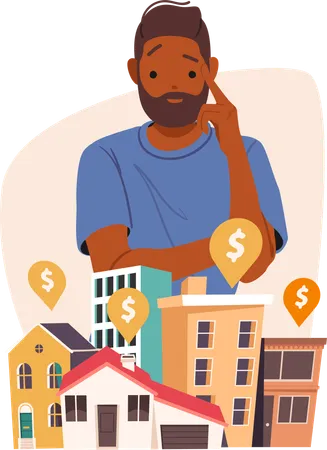 Thoughtful man searching house on real estate market  Illustration